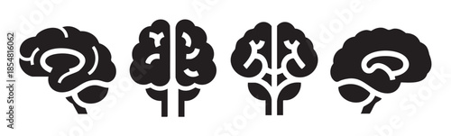 Four stylized human brain icons representing intelligence, thought, and mental health in a diverse collection of graphic symbols for various applications.