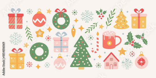 Festive holiday illustrations with christmas trees ornaments and gifts in pastel tones