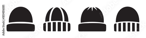 Four black winter beanie hats icon set, featuring different styles of warm headwear suitable for cold weather, fashion, and outdoor activities.
