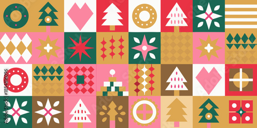 Colorful geometric patterns and holiday symbols create a festive tiled background