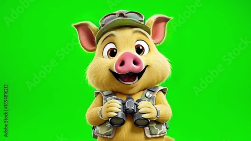 Wallpaper Mural Adorable 3D animated pig character, dressed as an explorer with a safari hat and binoculars, ready for adventure on a green screen background Torontodigital.ca