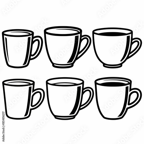 Black and white outline vector set of six different coffee mugs or tea cups, showcasing various shapes and liquid fill levels for beverage icons.