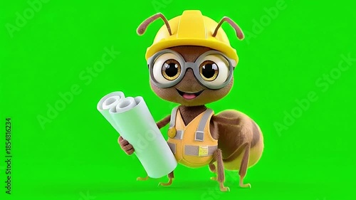 Wallpaper Mural Charming 3D ant character, dressed as a skilled builder in a yellow hard hat and safety vest, confidently holding engineering blueprints, ready for strategic project planning and development Torontodigital.ca