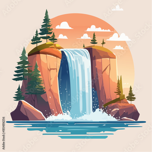 Scenic waterfall cascading down rocky cliffs surrounded by lush greenery.