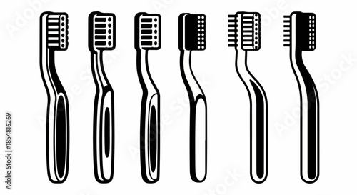 Set of six stylized black and white vector toothbrush icons showing various designs for dental hygiene, oral care, and personal bathroom health products.