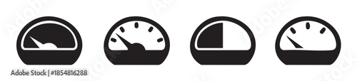 Four black and white gauge icons representing speed, measurement, and progress levels, suitable for various digital and print applications.