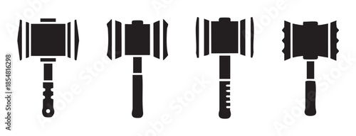 Four black meat tenderizer mallets with various head designs are displayed as simple graphic icons, representing kitchen tools for preparing food.