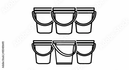 Black and white line art vector icon illustrating six identical utility buckets arranged in two organized rows for cleaning, tools, or storage.