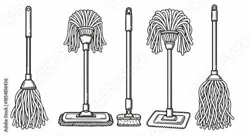 Collection of Household Cleaning Mops: Line Art Set Including String, Sponge, Flat Mop, and Scrubbing Tools Illustration.