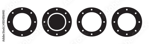 Circular industrial flanges and gaskets vector icons set in a clean, minimalist style, suitable for engineering and manufacturing designs.