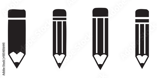 Four black silhouette pencil icons with erasers represent essential tools for education, creativity, and office work in a minimalist graphic style.