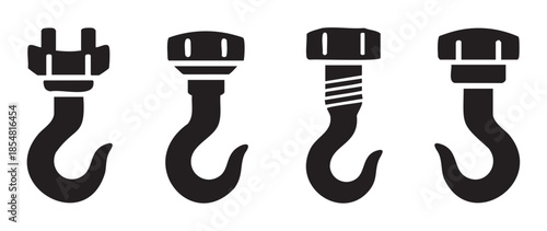 Industrial lifting hooks vector illustration set depicting various heavy-duty equipment for construction, cargo, and material handling applications.