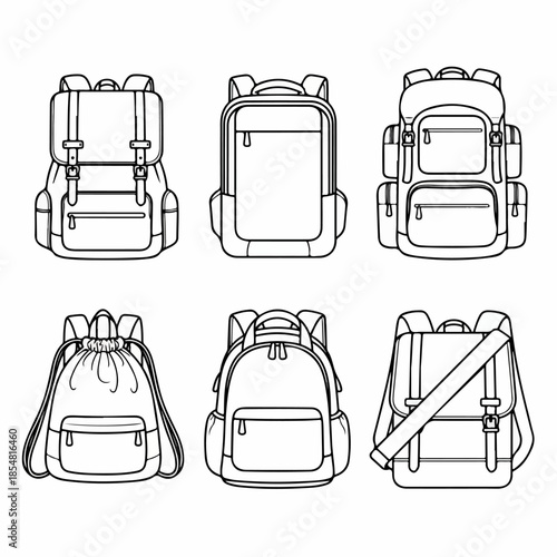 Outline set of various backpack designs including hiking, school, drawstring, and satchel styles, suitable for travel or education concepts.