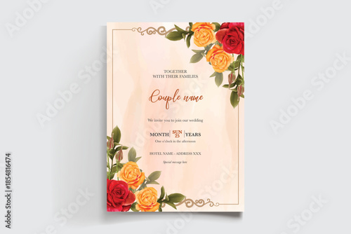 WEDDING INVITATION FRAME WITH FLOWER DECORATIONS AND FRESH LEAVES