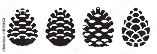 Four stylized black and white pine cones are arranged in a row, showcasing various graphic designs and textures for nature-inspired themes and seasonal decorations.