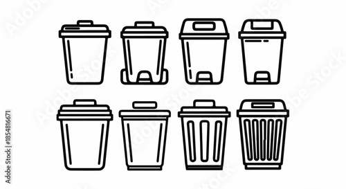 Line Art Collection of Trash Can Icons: Vector Set of Eight Garbage Bins, Dustbins, and Waste Management Symbols in Outline Style.