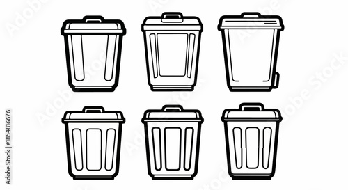 Set of Six Trash Can and Garbage Bin Outline Icons. Waste Disposal Vector Graphics Collection in Black and White.