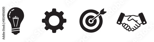 Business icons illustrating concepts of innovation, strategy, achievement, and collaboration, essential elements for successful project development and teamwork.