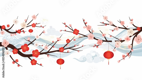 Traditional Chinese River Landscape with Plum Blossoms Lanterns and Blue Waves