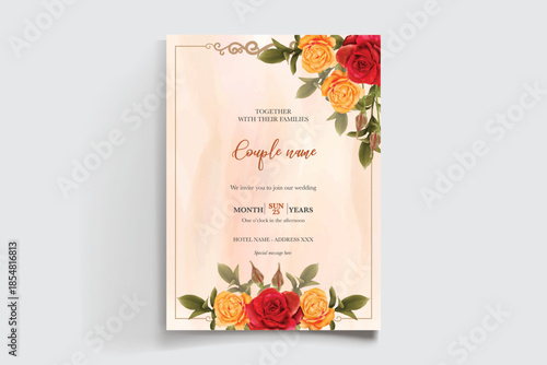 WEDDING INVITATION FRAME WITH FLOWER DECORATIONS AND FRESH LEAVES