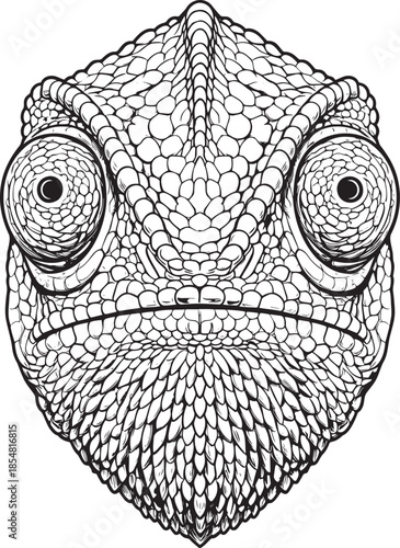 Detailed illustration of a chameleon's face with expressive eyes