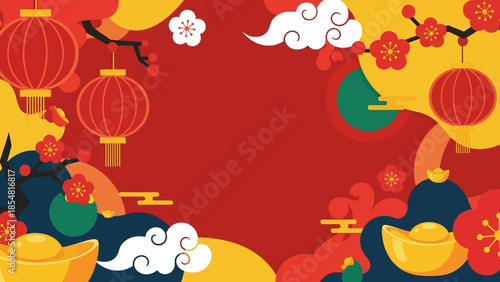 Chinese New Year Background with Golden Ingots Lanterns and Plum Blossoms