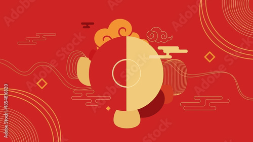 Minimalist Red and Gold Abstract Circle with Traditional Chinese Motifs
