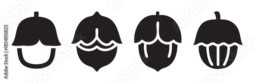 Four stylized black acorn icons with varying cap designs arranged horizontally, representing autumn, nature, and forest elements in a simple graphic style.