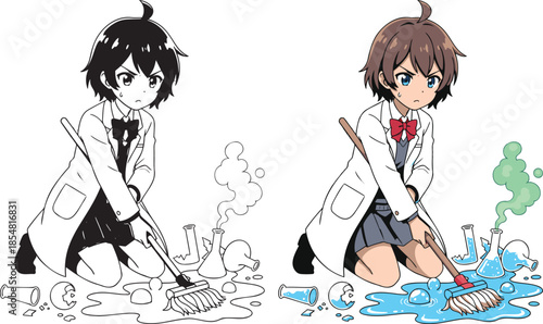 Cute schoolgirl in lab coat cleaning up messy science lab spill