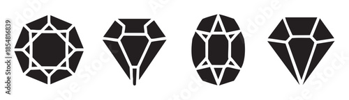 Collection of black diamond gemstone icons featuring various elegant shapes and intricate facet patterns for luxury design elements.