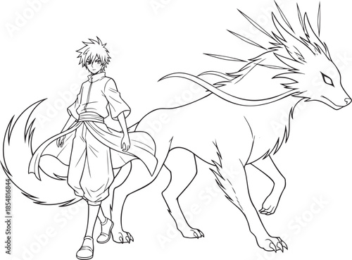 Anime boy and mystical fox creature in fantasy setting