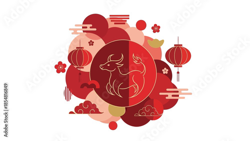 Chinese Zodiac Year of the Ox Illustration with Traditional Decorative Elements