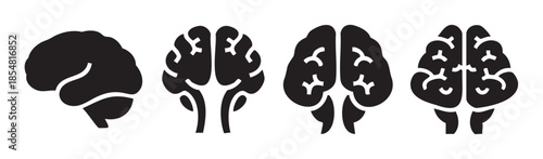 Human brain icons in various anatomical views representing intelligence, thought, and mental processes for medical or educational design.