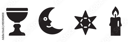 Mystical symbols icons set featuring a chalice, crescent moon with a face, six-pointed star, and a burning candle, rendered in a clean, bold black silhouette style.