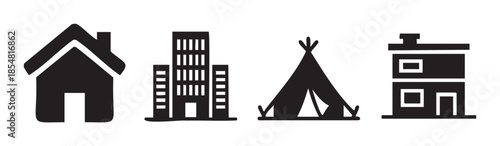 Different types of residential and commercial buildings are represented by simple black silhouette icons in a clean graphic illustration.