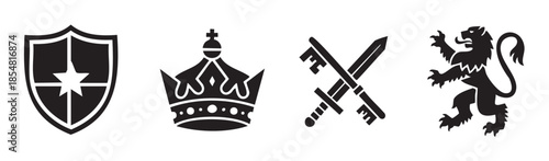 Heraldic symbols shield crown swords lion collection representing power, royalty, protection, and strength, ideal for design elements and historical themes.