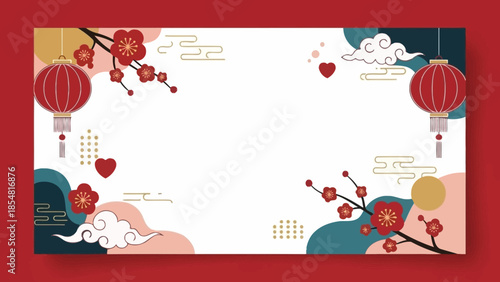 Elegant Floral Border with Red Lanterns and Plum Blossoms for Chinese New Year