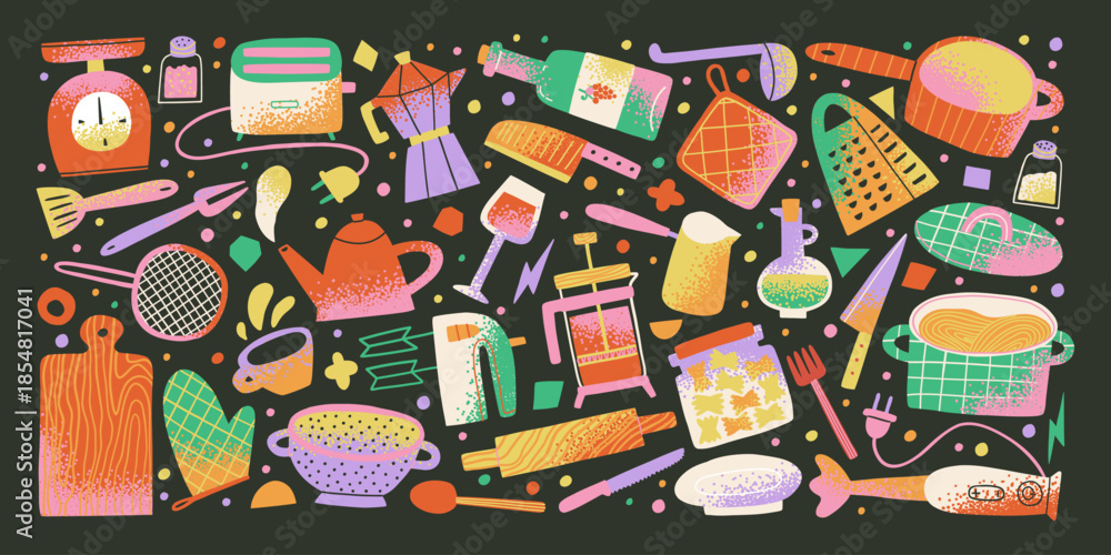 Obraz premium Y2K funky kitchenware with Color Textured Gradient. Abstract funky cookware Shapes. Flat Design Elements for Backgrounds, Patterns, Posters and Banners.