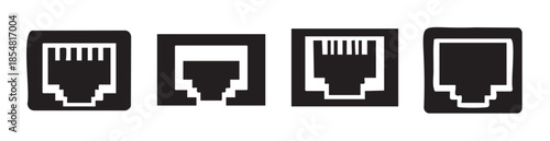 Ethernet port icons representing various network connection sockets for modern digital communication, internet access, and data transfer applications.