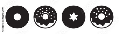 Four delicious sweet dessert donut icons illustrate various designs, including plain, frosted with sprinkles, and a unique star-shaped center, perfect for bakery menus or sweet treat concepts.