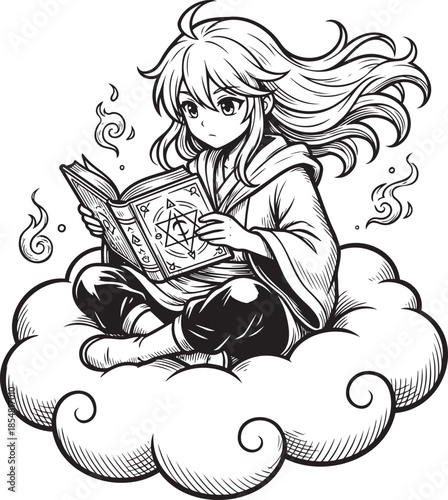 Magical girl sitting on cloud reading mystical book with stars