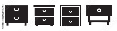 Four simple black filing cabinet icons depicting essential office storage furniture, perfect for organizing documents and supplies in a professional setting.