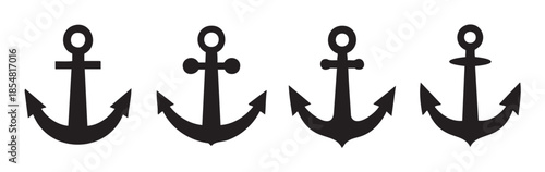 Four black anchors nautical marine symbols set representing stability, security, and maritime adventure in a clean, graphic illustration style.