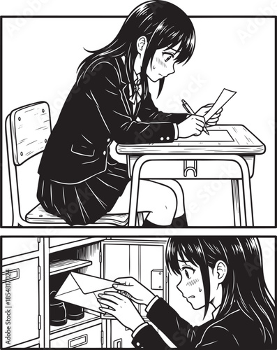 Schoolgirl writing letter in classroom and reading it in locker