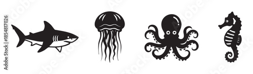 Four distinct black sea creatures vector illustrations collection showcasing a shark, jellyfish, octopus, and seahorse in a simple, graphic style for marine life themes.