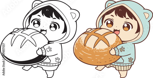 Cute child in bear onesie happily holding a large loaf of bread