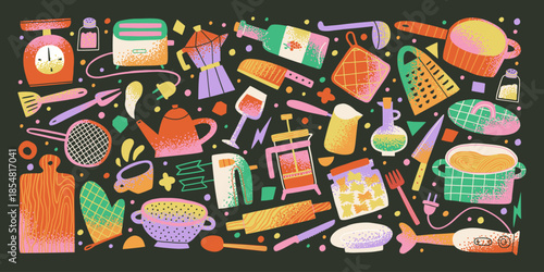 Y2K funky kitchenware with Color Textured Gradient. Abstract funky cookware Shapes. Flat Design Elements for Backgrounds, Patterns, Posters and Banners.