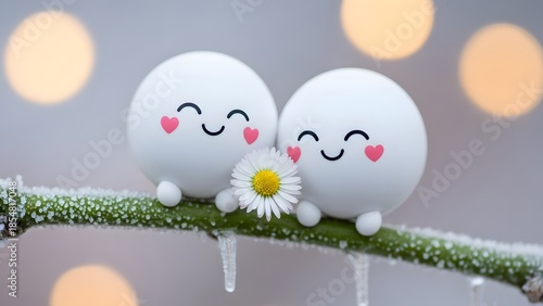 Cute white round characters with hearts on a frozen branch. Love and friendship concept. Happy smiling balls holding a daisy flower in winter
