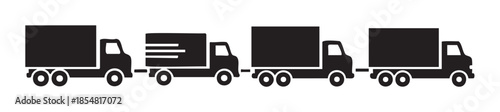 Four black silhouette delivery trucks and lorries are depicted in a row, representing various transportation and logistics services.