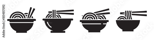 Noodles in a bowl with chopsticks are presented as a collection of four minimalist black vector icons, representing various Asian culinary dishes.